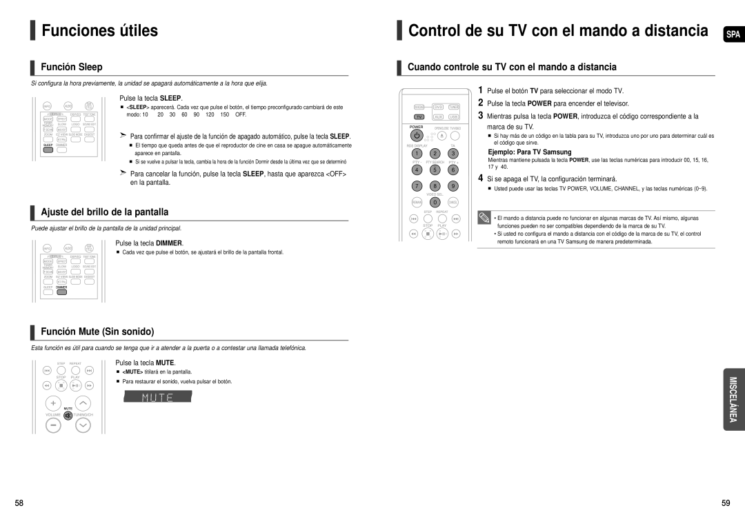 Samsung HT-X20R/XET manual Funciones útiles, Función Sleep, Ajuste del brillo de la pantalla, Función Mute Sin sonido 