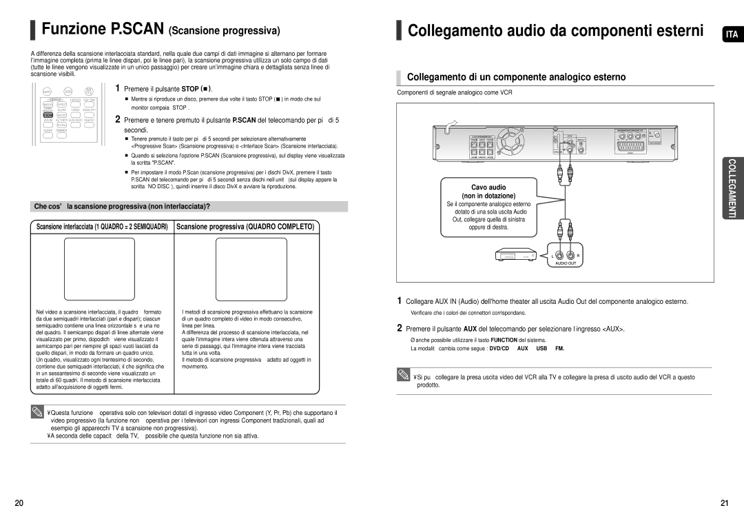 Samsung HT-X20R/XET manual Collegamento di un componente analogico esterno, Premere il pulsante Stop 