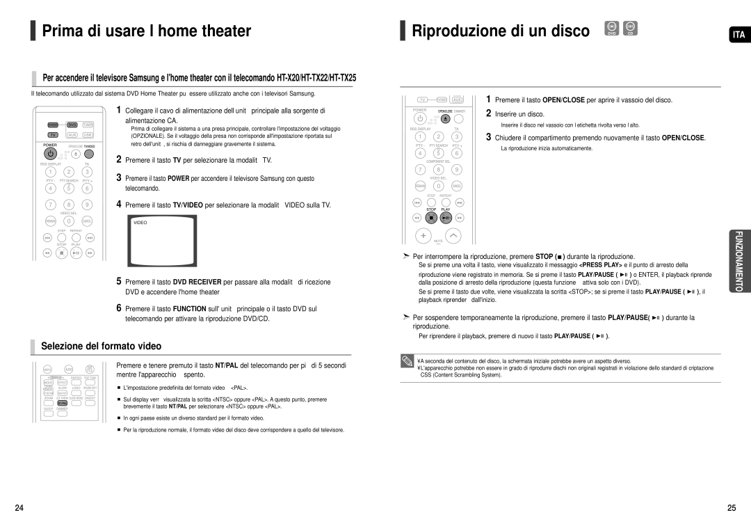 Samsung HT-X20R/XET manual Riproduzione di un disco DVD CD 