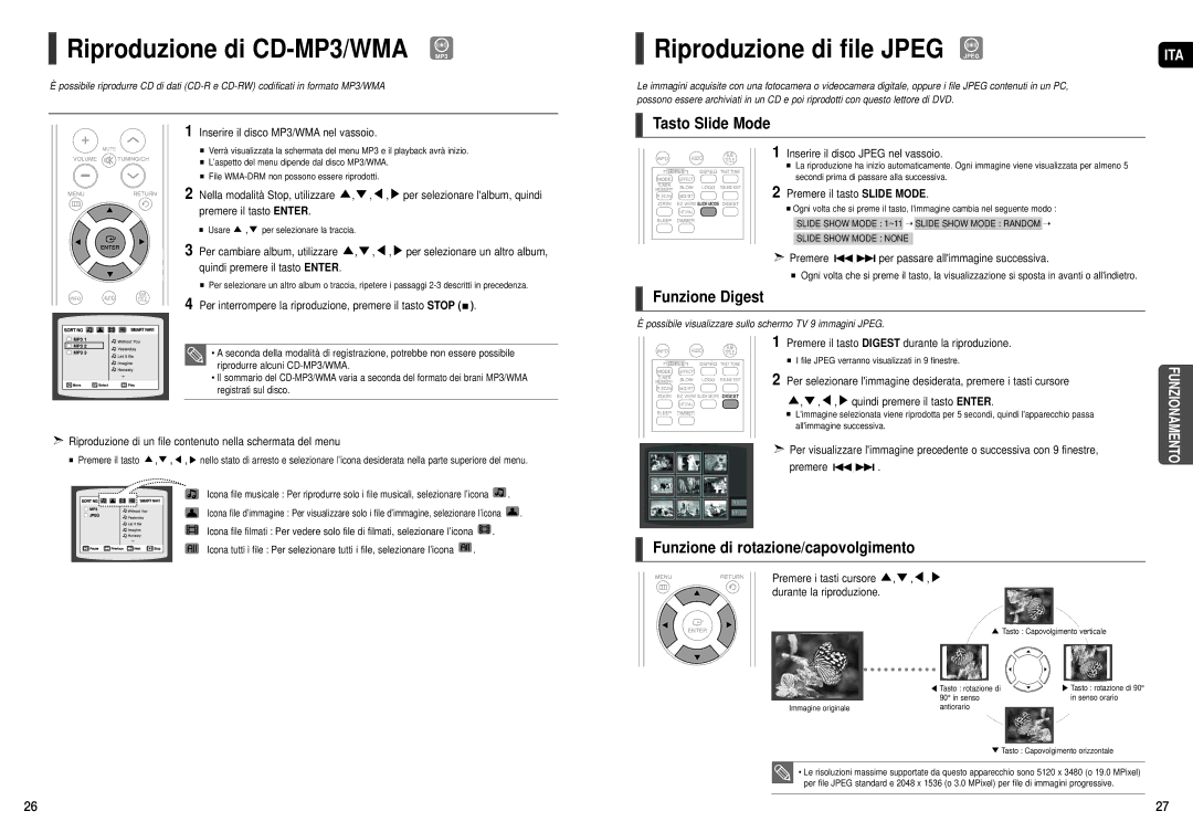 Samsung HT-X20R/XET Riproduzione di CD-MP3/WMA MP3, Riproduzione di file Jpeg Jpeg, Tasto Slide Mode, Funzione Digest 