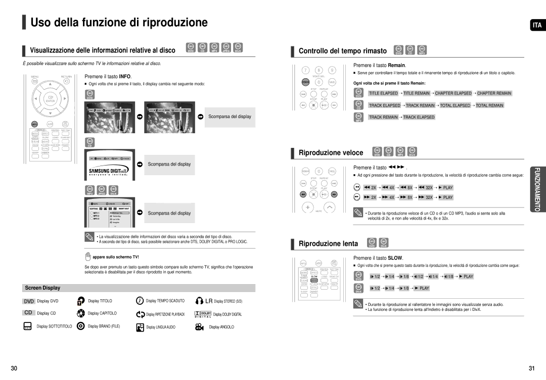 Samsung HT-X20R/XET manual Uso della funzione di riproduzione, Controllo del tempo rimasto DVD CD MP3, Screen Display 
