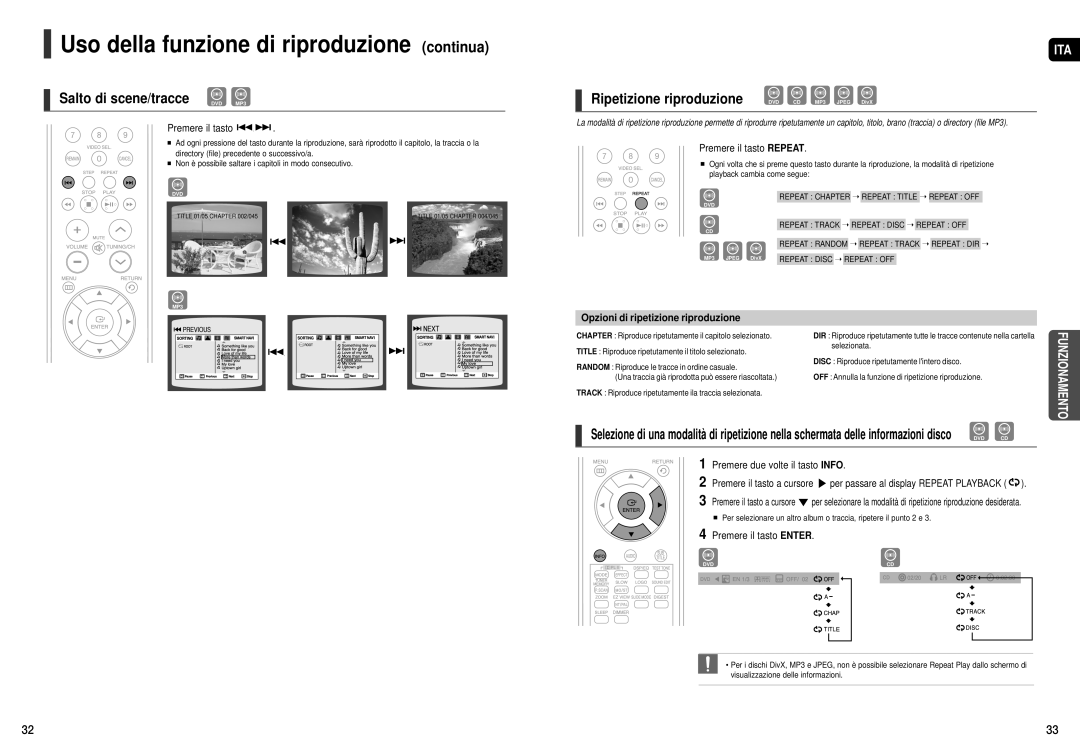 Samsung HT-X20R/XET manual Uso della funzione di riproduzione continua, Premere il tasto Repeat, Premere il tasto Enter 