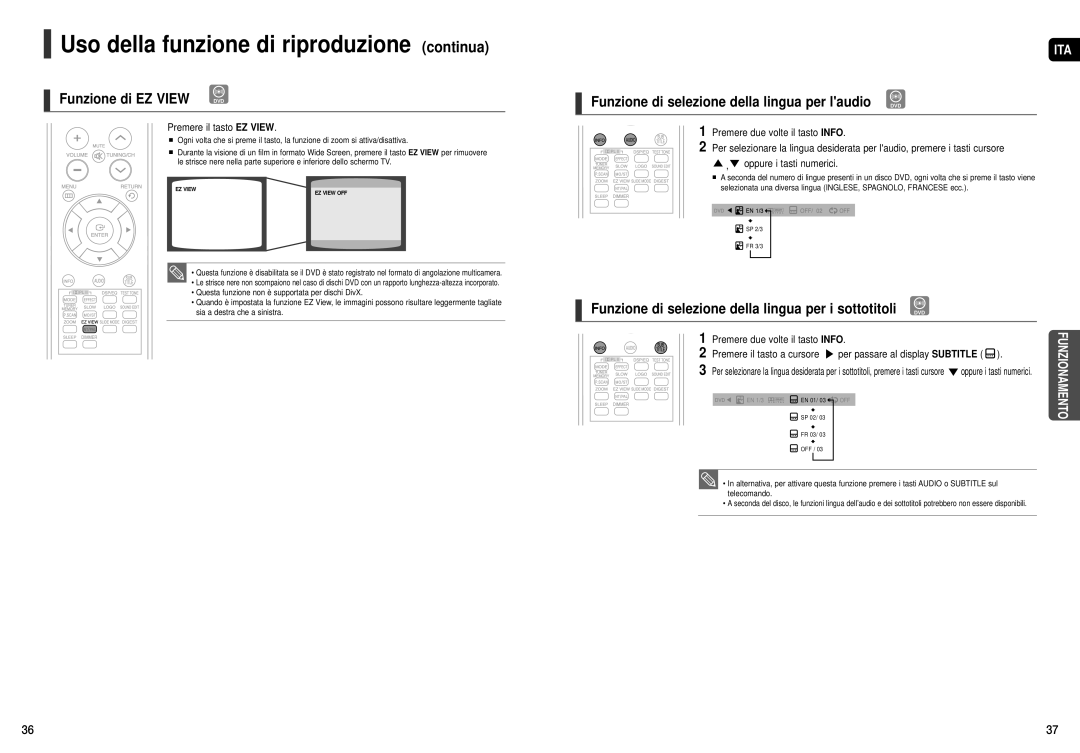 Samsung HT-X20R/XET Funzione di EZ View DVD, Funzione di selezione della lingua per laudio DVD, Premere il tasto EZ View 