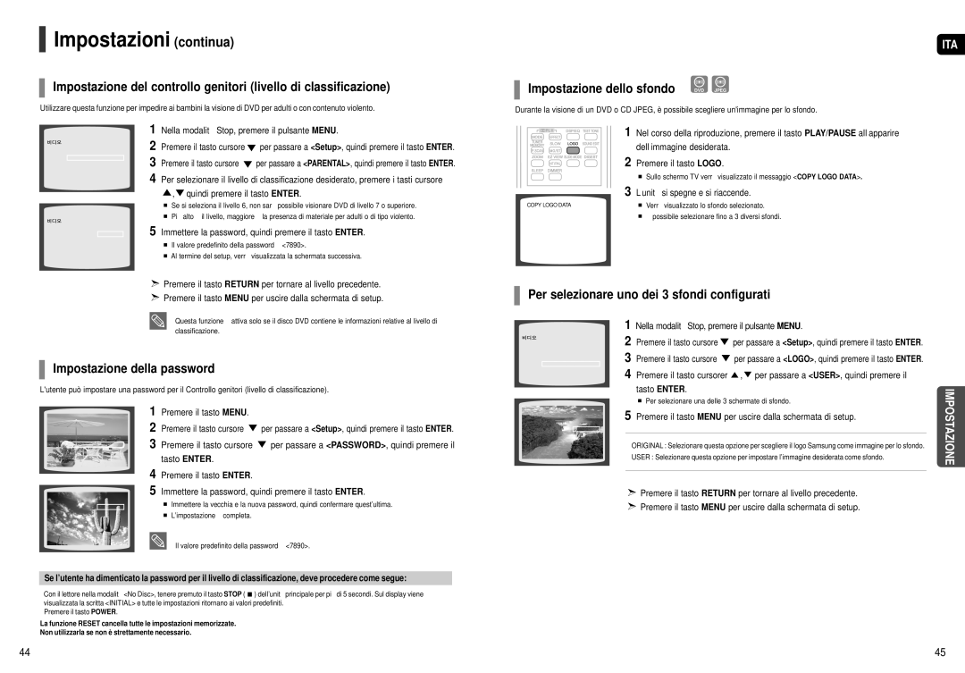 Samsung HT-X20R/XET manual Impostazioni continua, Impostazione della password, Per selezionare uno dei 3 sfondi configurati 