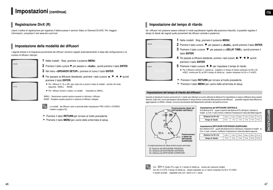 Samsung HT-X20R/XET manual Impostazione del tempo di ritardo, Nel menu Speaker SETUP, premere di nuovo il tasto Enter 