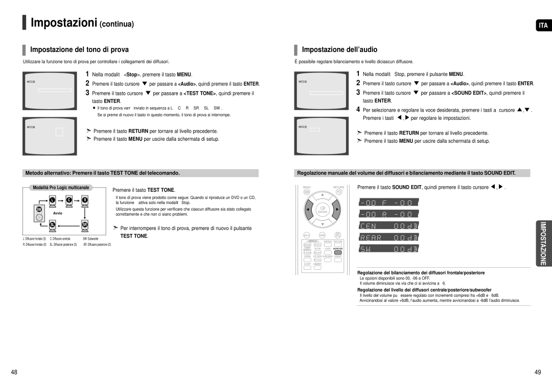 Samsung HT-X20R/XET manual Impostazione del tono di prova, Impostazione dell’audio 