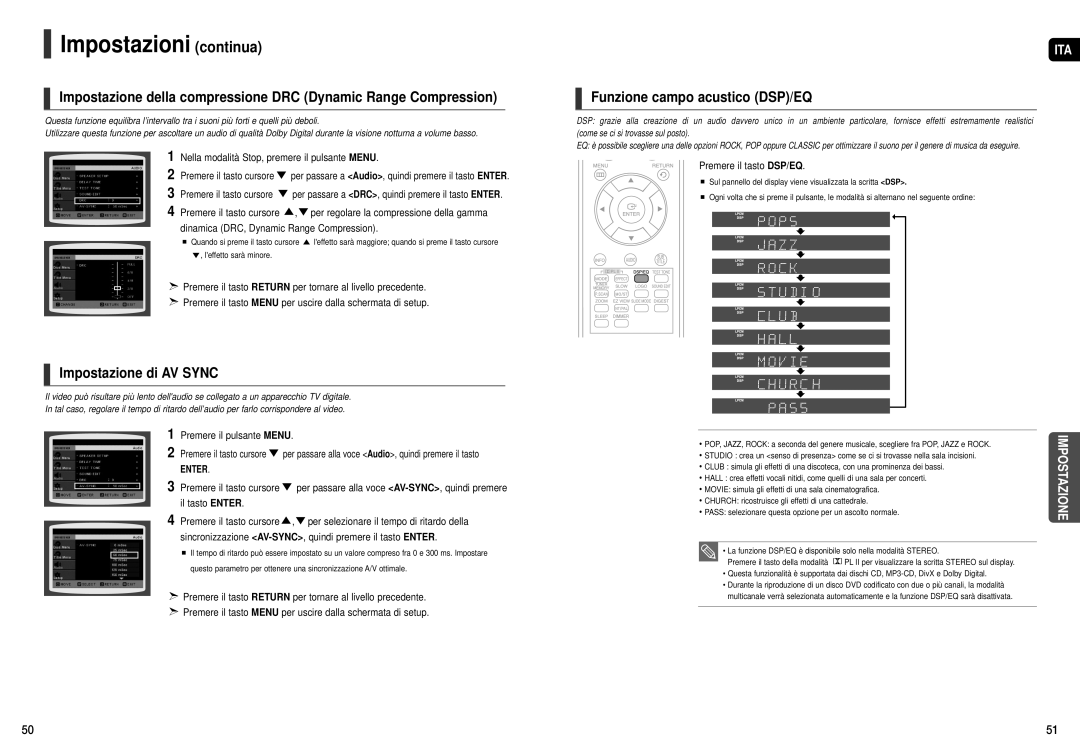 Samsung HT-X20R/XET manual Impostazione di AV Sync, Premere il tasto DSP/EQ, Premere il pulsante Menu 