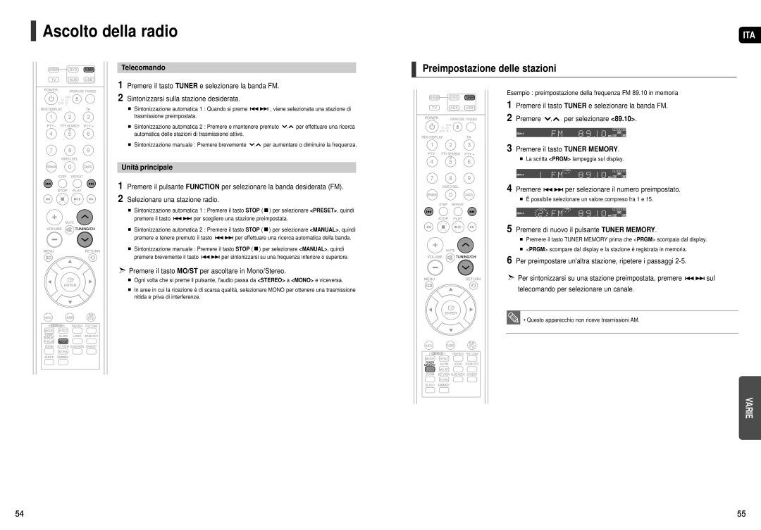 Samsung HT-X20R/XET manual Ascolto della radio, Preimpostazione delle stazioni, Telecomando, Unità principale 