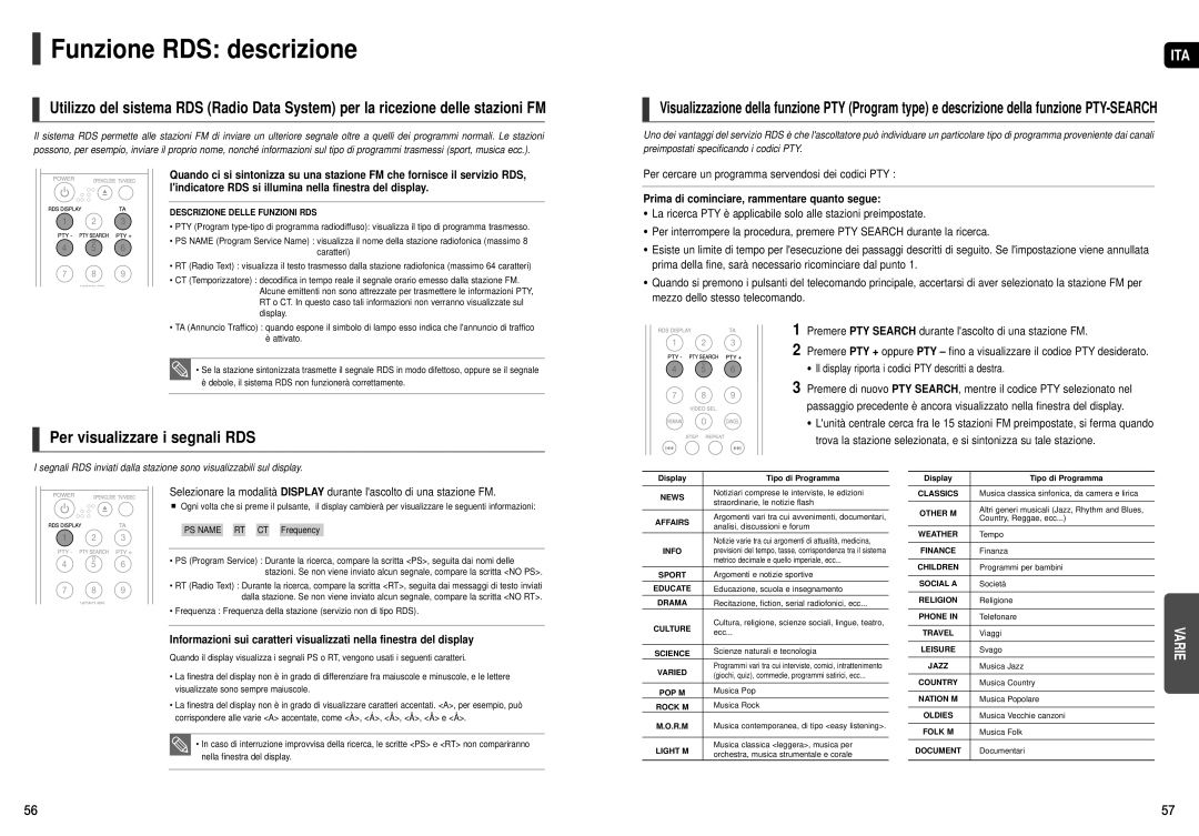 Samsung HT-X20R/XET Funzione RDS descrizione, Per visualizzare i segnali RDS, Prima di cominciare, rammentare quanto segue 