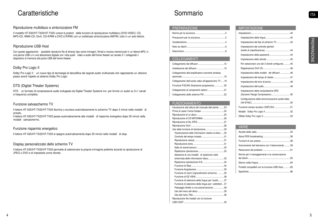 Samsung HT-X20R/XET manual Caratteristiche, Sommario 