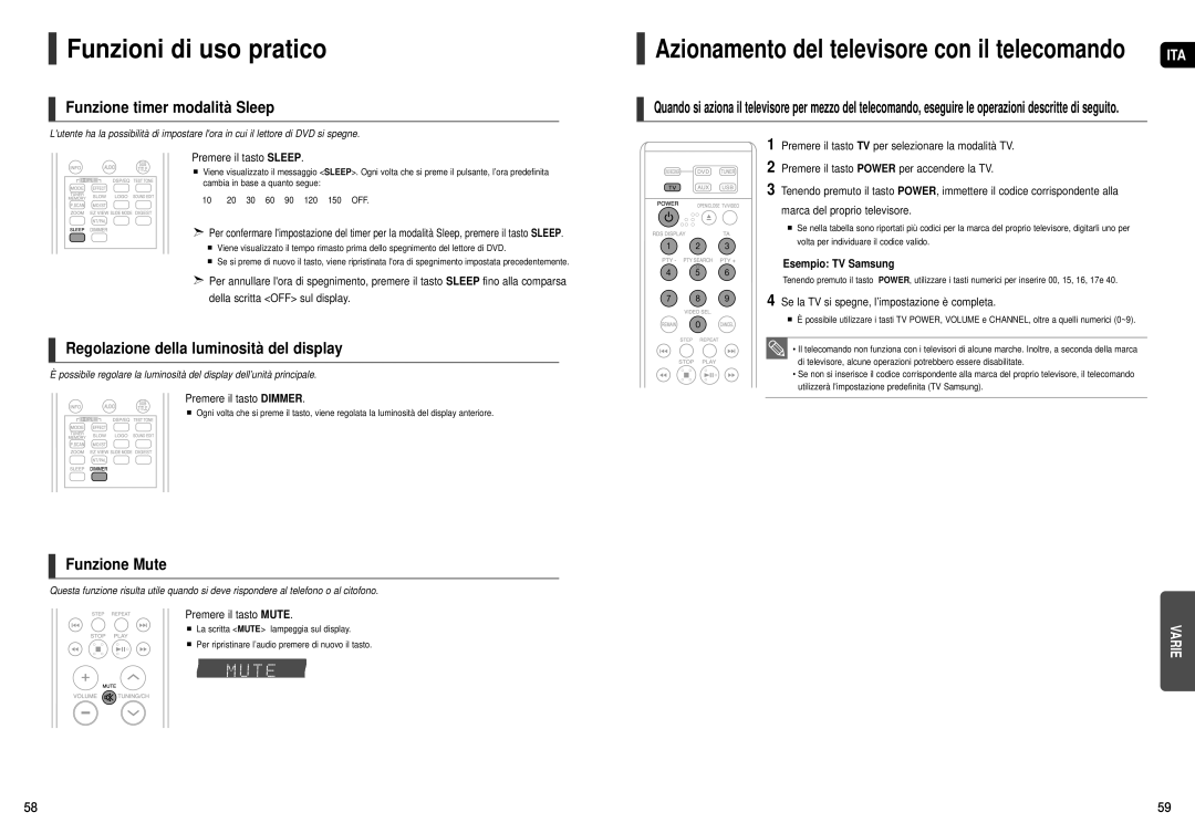 Samsung HT-X20R/XET manual Funzioni di uso pratico, Funzione timer modalità Sleep, Regolazione della luminosità del display 