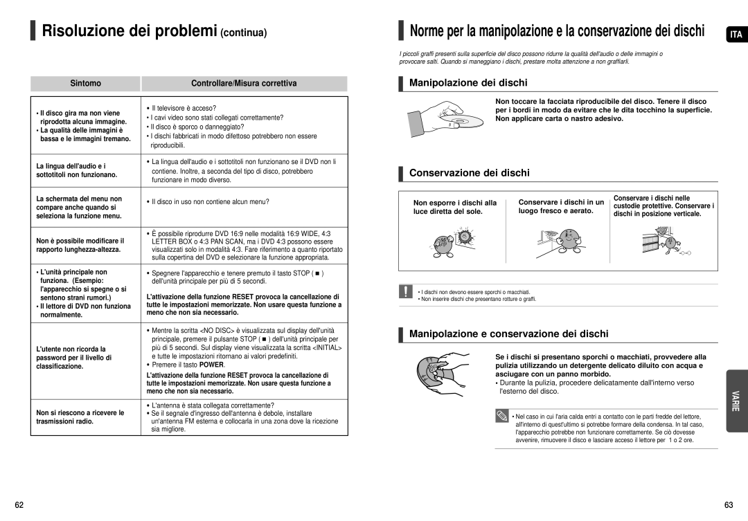 Samsung HT-X20R/XET manual Risoluzione dei problemi continua, Manipolazione dei dischi, Conservazione dei dischi 