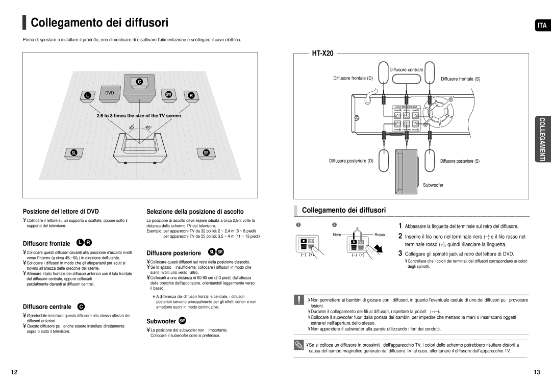 Samsung HT-X20R/XET manual Collegamento dei diffusori 