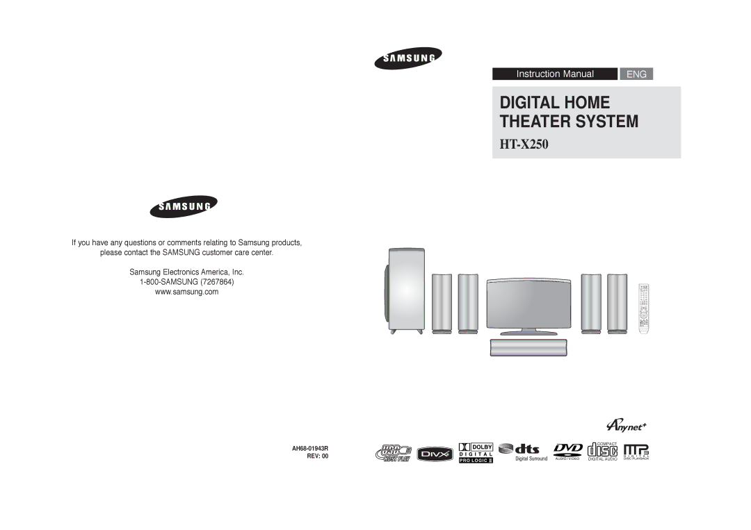 Samsung HT-X250 instruction manual Digital Home Theater System, AH68-01943R REV 