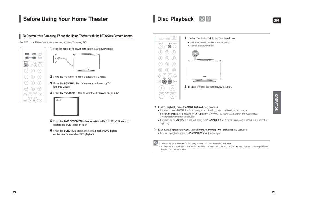 Samsung HT-X250 Before Using Your Home Theater, Disc Playback DVD CD, Load a disc vertically into the Disc Insert Hole 