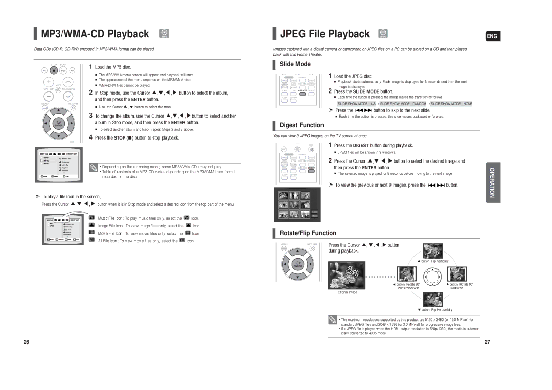 Samsung HT-X250 MP3/WMA-CD Playback MP3, Jpeg File Playback Jpeg, Slide Mode, Digest Function, Rotate/Flip Function 