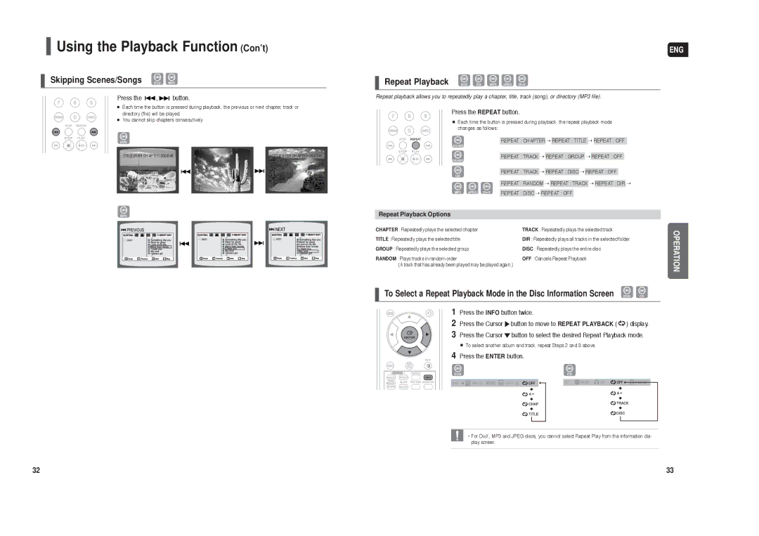 Samsung HT-X250 Using the Playback Function Con’t, Skipping Scenes/Songs DVD MP3, Repeat Playback Options 