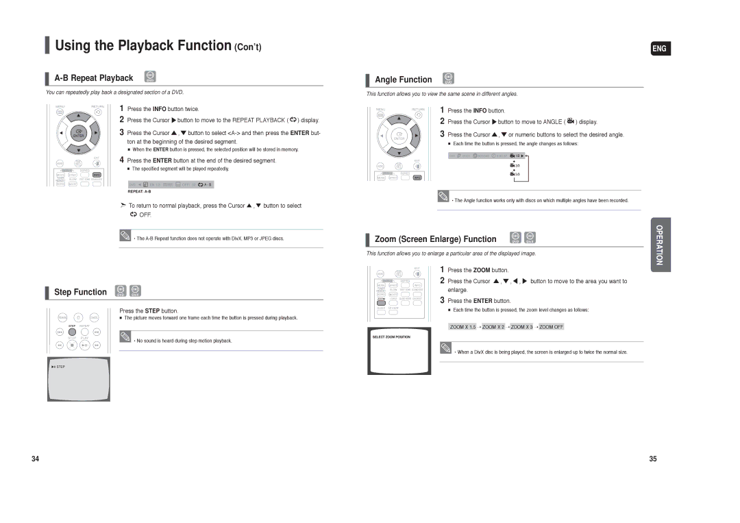 Samsung HT-X250 Repeat Playback DVD, Step Function DVD DivX, Angle Function DVD, Zoom Screen Enlarge Function DVD DivX 