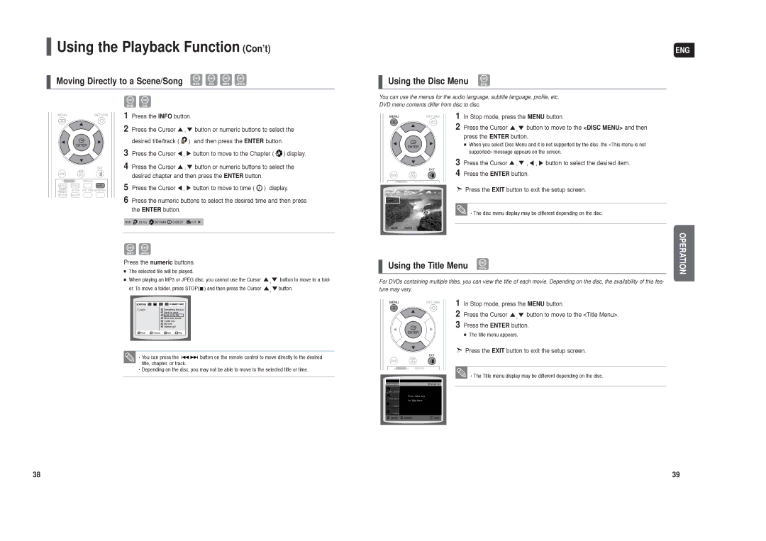 Samsung HT-X250 instruction manual Moving Directly to a Scene/Song, Using the Disc Menu DVD, Using the Title Menu 