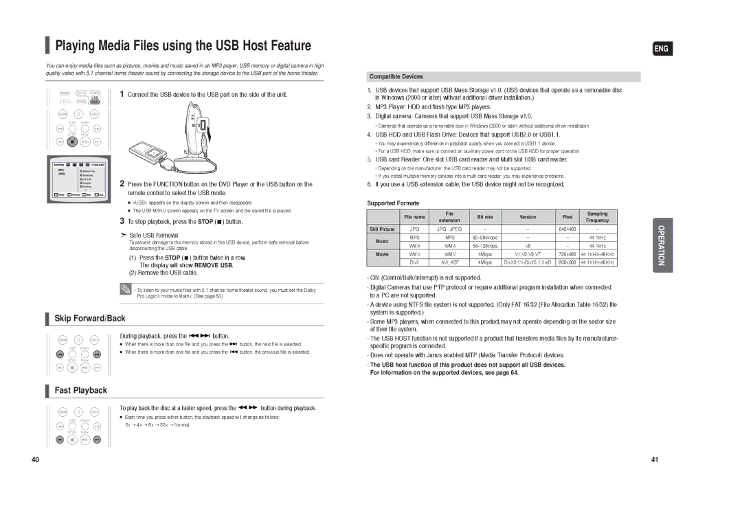 Samsung HT-X250 To stop playback, press the Stop button Safe USB Removal, During playback, press the button 