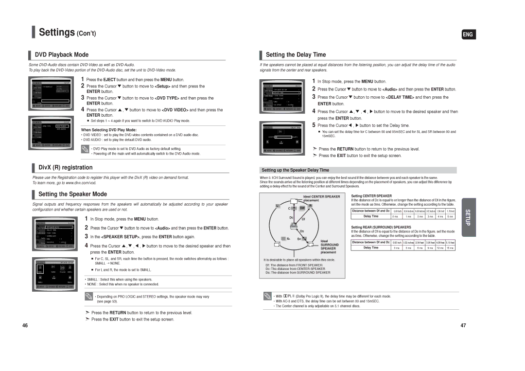 Samsung HT-X250 instruction manual DVD Playback Mode, Setting the Delay Time, DivX R registration, Setting the Speaker Mode 