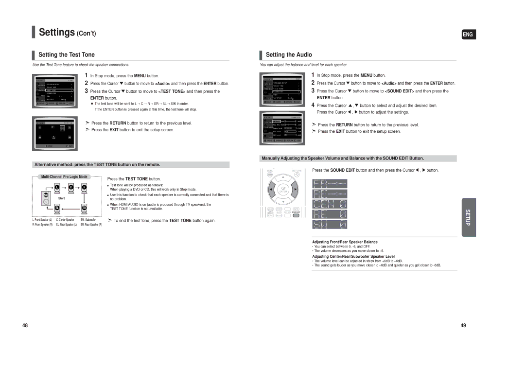 Samsung HT-X250 Setting the Test Tone, Setting the Audio, Alternative method press the Test Tone button on the remote 