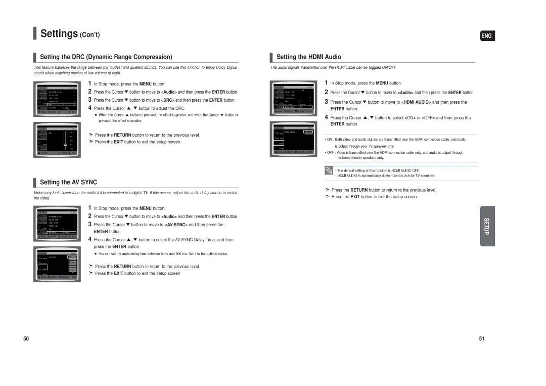 Samsung HT-X250 instruction manual Setting the DRC Dynamic Range Compression, Setting the Hdmi Audio, Setting the AV Sync 