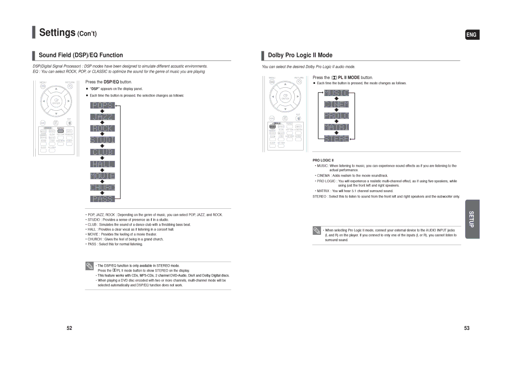 Samsung HT-X250 Sound Field DSP/EQ Function, Dolby Pro Logic II Mode, Press the DSP/EQ button, Press the PL II Mode button 