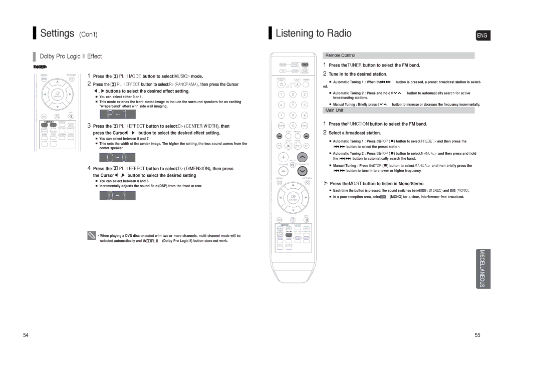 Samsung HT-X250 instruction manual Listening to Radio, Dolby Pro Logic II Effect, Remote Control, Main Unit 