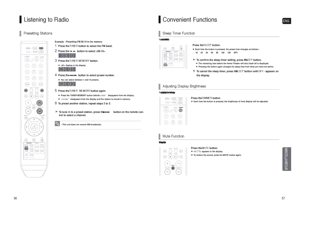 Samsung HT-X250 Convenient Functions, Presetting Stations, Sleep Timer Function, Adjusting Display Brightness 