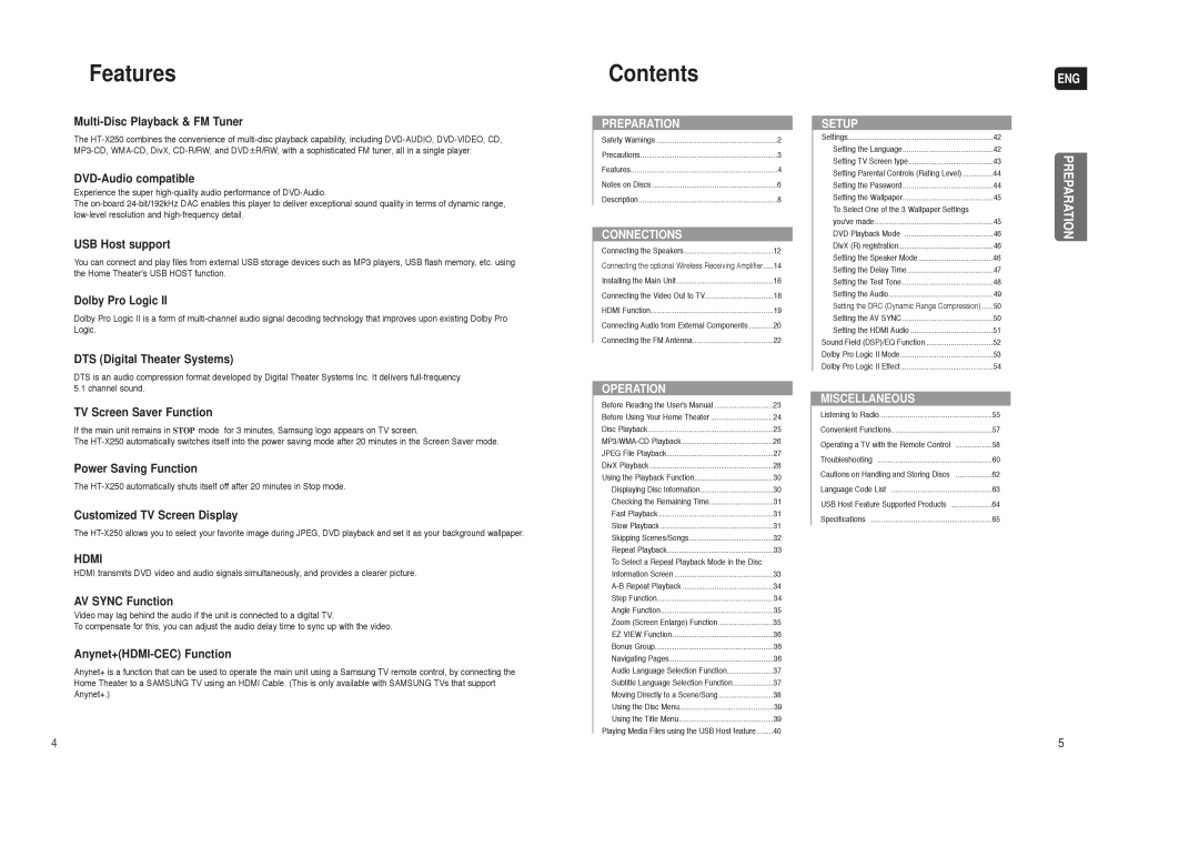 Samsung HT-X250 instruction manual Features, Contents 