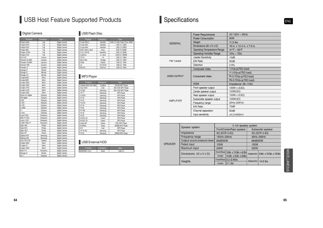 Samsung HT-X250 instruction manual USB Host Feature Supported Products, Specifications 