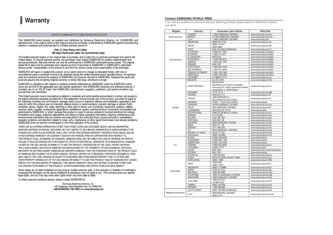 Samsung HT-X250 instruction manual Warranty, Contact Samsung World Wide 