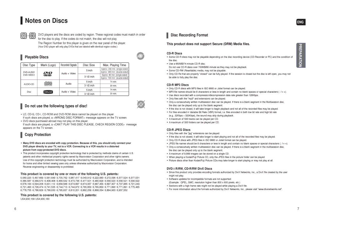 Samsung HT-X250 instruction manual This product is covered by the following U.S. patents 