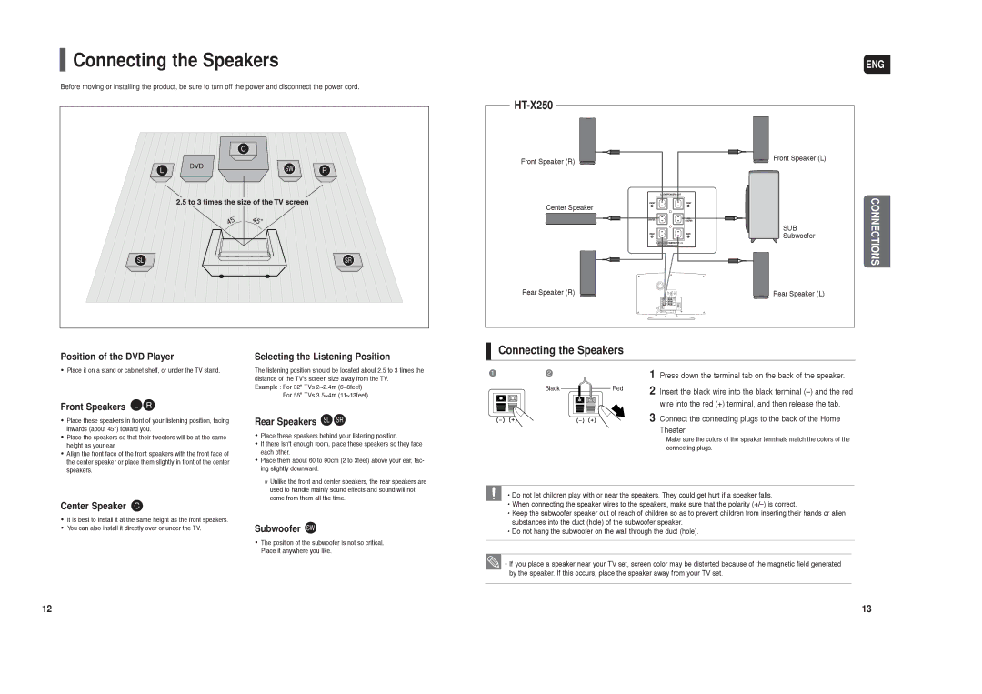 Samsung HT-X250 instruction manual Connecting the Speakers 