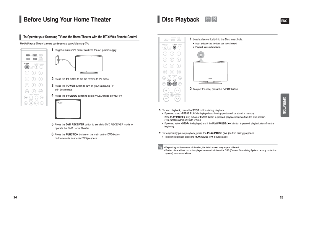 Samsung HT-X250 instruction manual Before Using Your Home Theater, Disc Playback DVD CD, Operation 