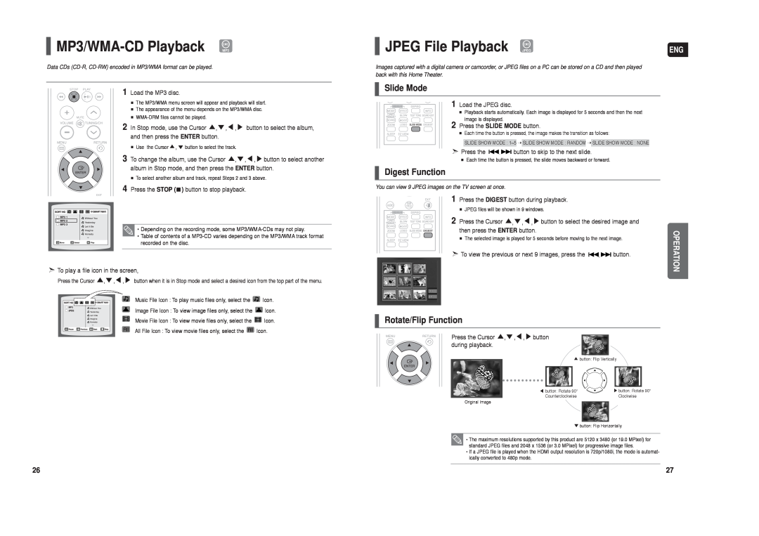Samsung HT-X250 MP3/WMA-CDPlayback MP3, JPEG File Playback JPEG, Slide Mode, Digest Function, Rotate/Flip Function 