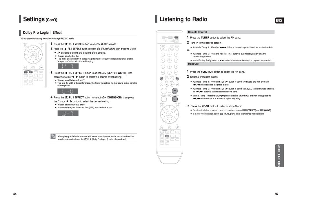 Samsung HT-X250 instruction manual Listening to Radio, Dolby Pro Logic II Effect, Miscellaneous, Settings Con’t, Press the 