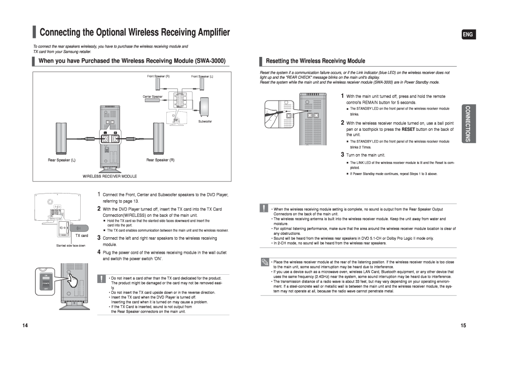Samsung HT-X250 instruction manual Resetting the Wireless Receiving Module 