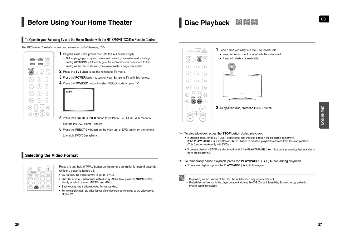 Samsung HT-X250T/NWT, HT-X250R/XEE, HT-TX250R/XEE Before Using Your Home Theater, Disc Playback, Selecting the Video Format 