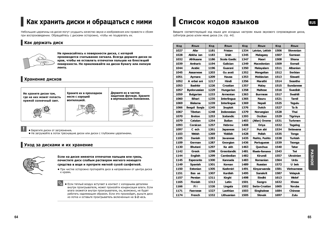 Samsung HT-TX250R/XEE, HT-X250R/XEE Список кодов языков, Как держать диск, Хранение дисков, Уход за дисками и их хранение 