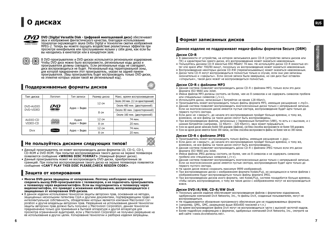 Samsung HT-X250R/XEE Дисках, Поддерживаемые форматы дисков, Не пользуйтесь дисками следующих типов, Защита от копирования 