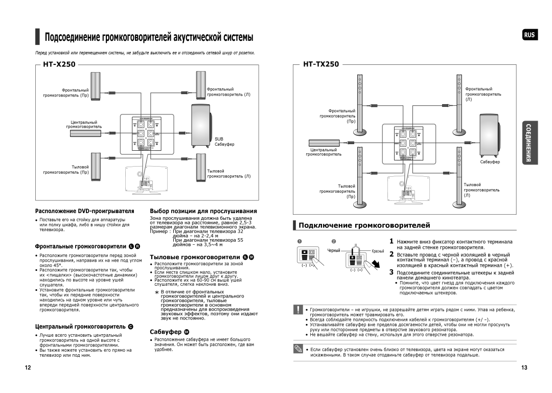 Samsung HT-TX250T/NWT manual HT-X250, Подсоединение громкоговорителей акустической системы, Тыловые громкоговорители hj 