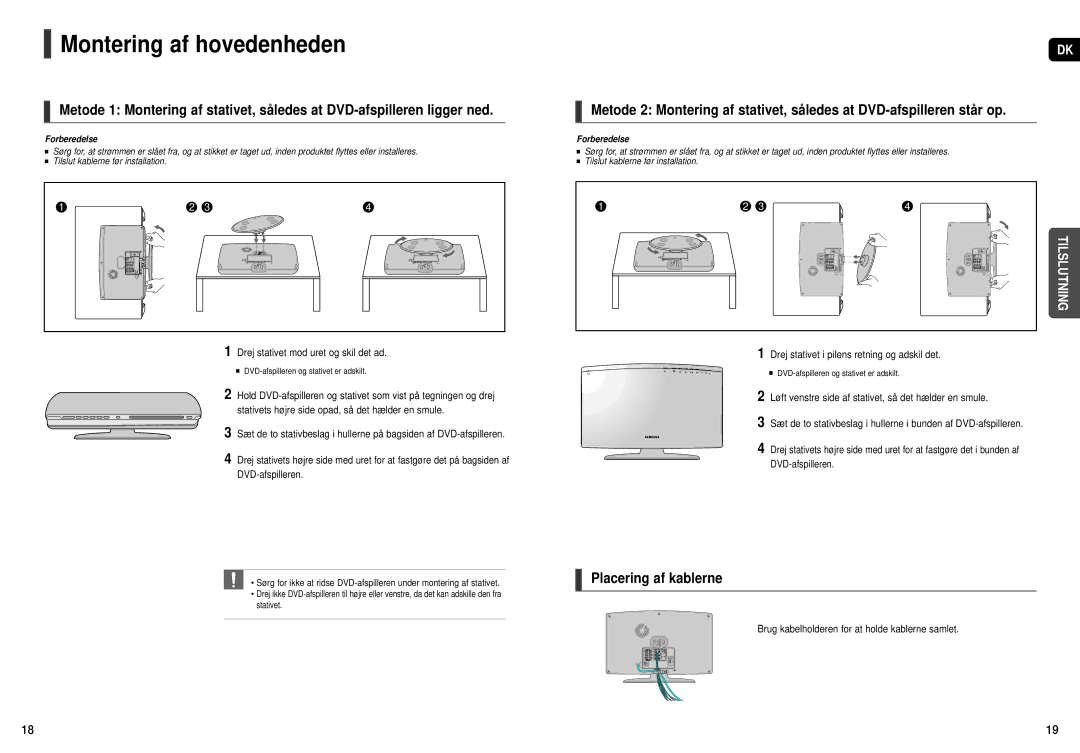 Samsung HT-X250R/XEE, HT-X251R/XEE Montering af hovedenheden, Placering af kablerne, Drej stativet mod uret og skil det ad 