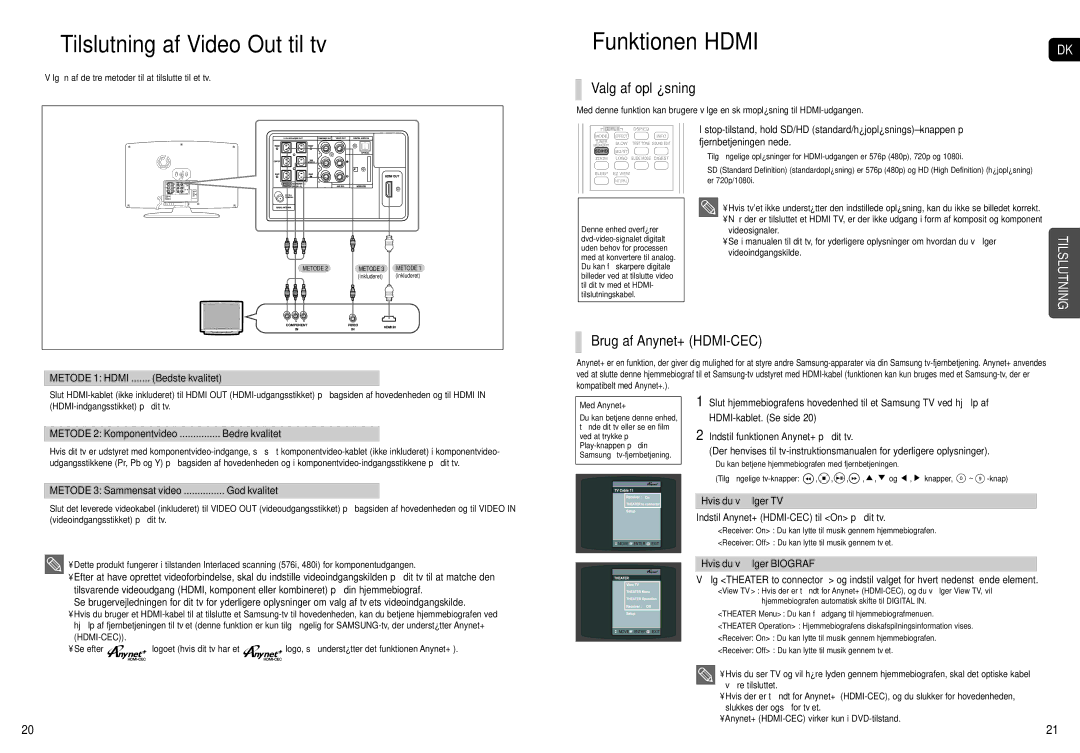 Samsung HT-X251R/XEE manual Tilslutning af Video Out til tv, Funktionen Hdmi, Valg af opløsning, Brug af Anynet+ HDMI-CEC 