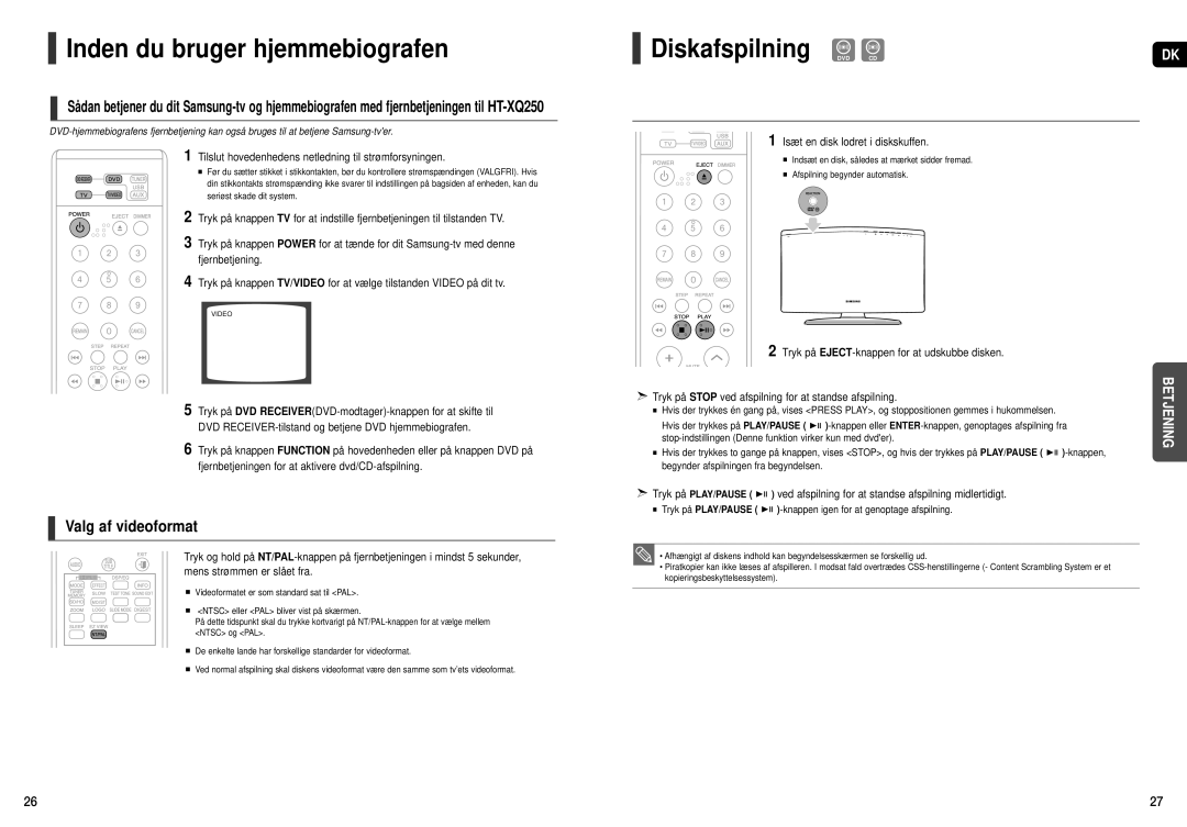 Samsung HT-X250R/XEE, HT-X251R/XEE manual Inden du bruger hjemmebiografen, Diskafspilning DVD CD, Valg af videoformat 