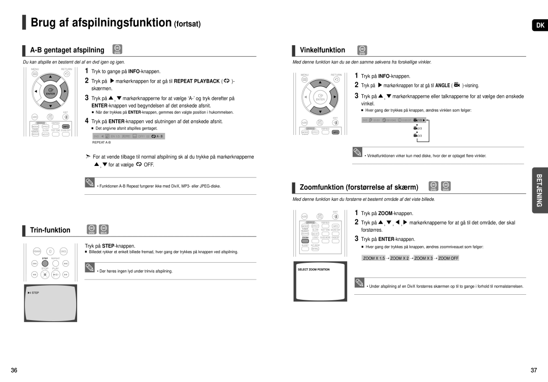 Samsung HT-X251R/XEE, HT-X250R/XEE manual Gentaget afspilning DVD, Trin-funktion, Vinkelfunktion 