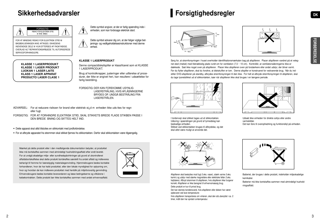 Samsung HT-X250R/XEE Sikkerhedsadvarsler ForsigtighedsreglerDK, Denne compactdiskafspiller er klassificeret som et Klasse 