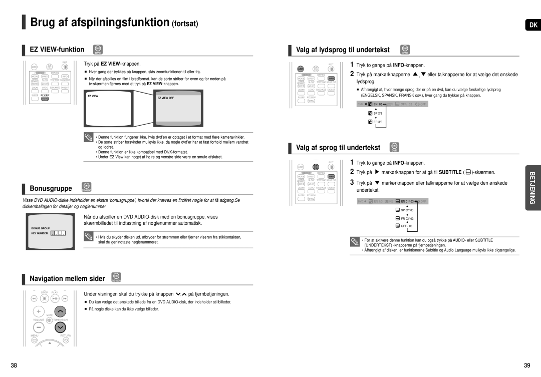 Samsung HT-X250R/XEE, HT-X251R/XEE manual EZ VIEW-funktion, Bonusgruppe DVD-AUDIO, Navigation mellem sider DVD-AUDIO 