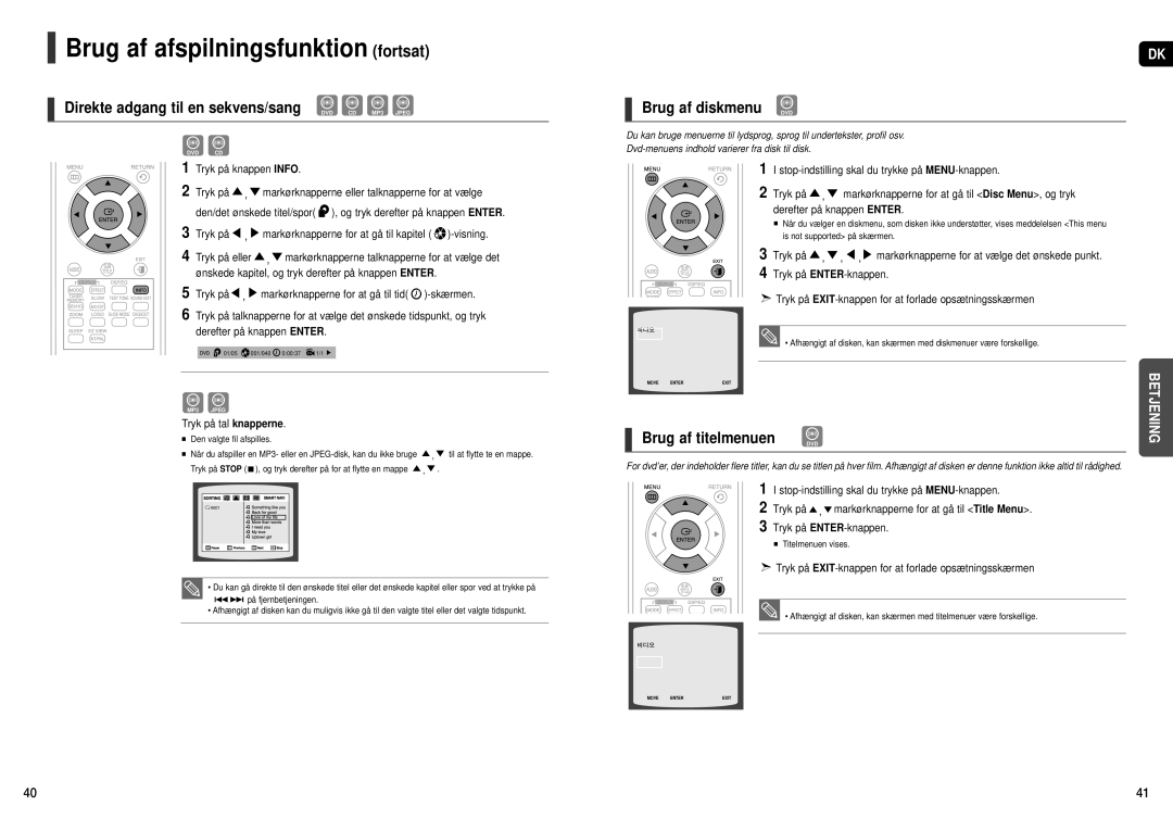 Samsung HT-X251R/XEE manual Brug af diskmenu DVD, Brug af titelmenuen, Derefter på knappen Enter, Tryk på tal knapperne 